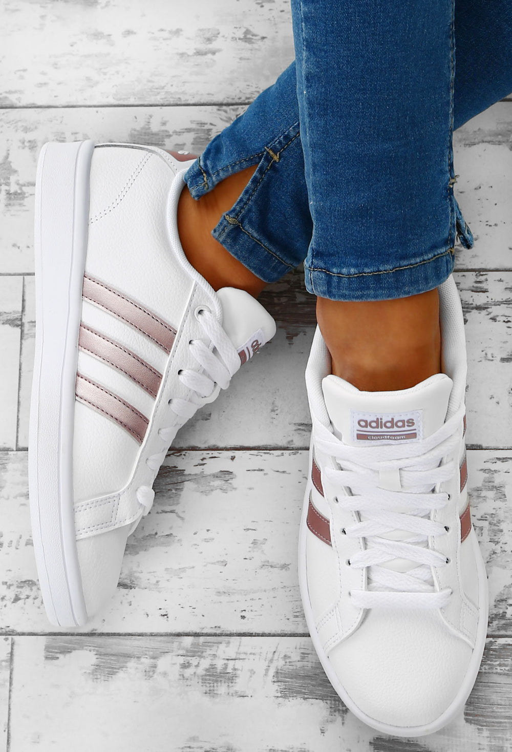 Adidas Cloudfoam Advantage White and Rose Gold Stripe Trainers – Pink  Boutique UK