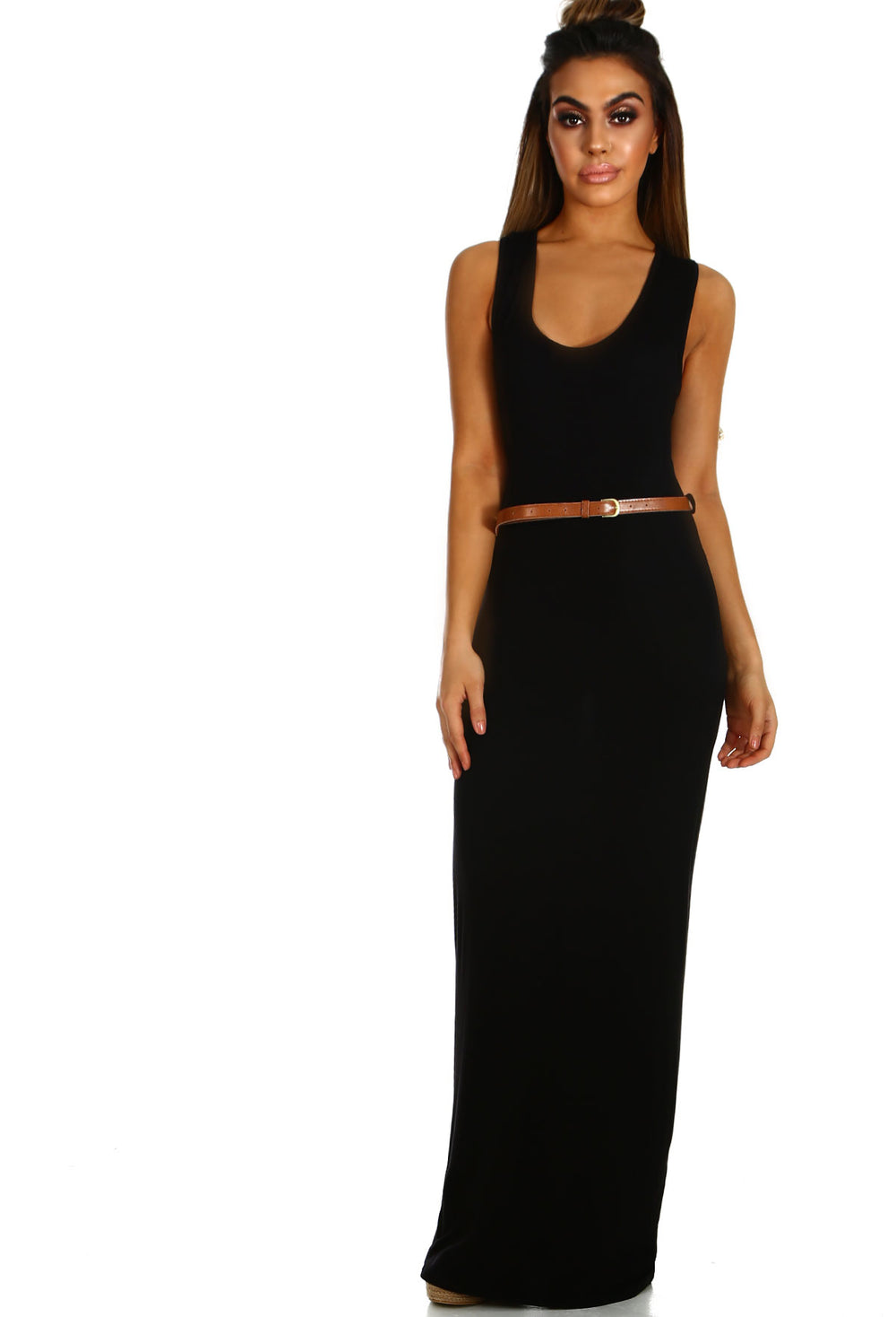 Black Belted Jersey Maxi Dress 