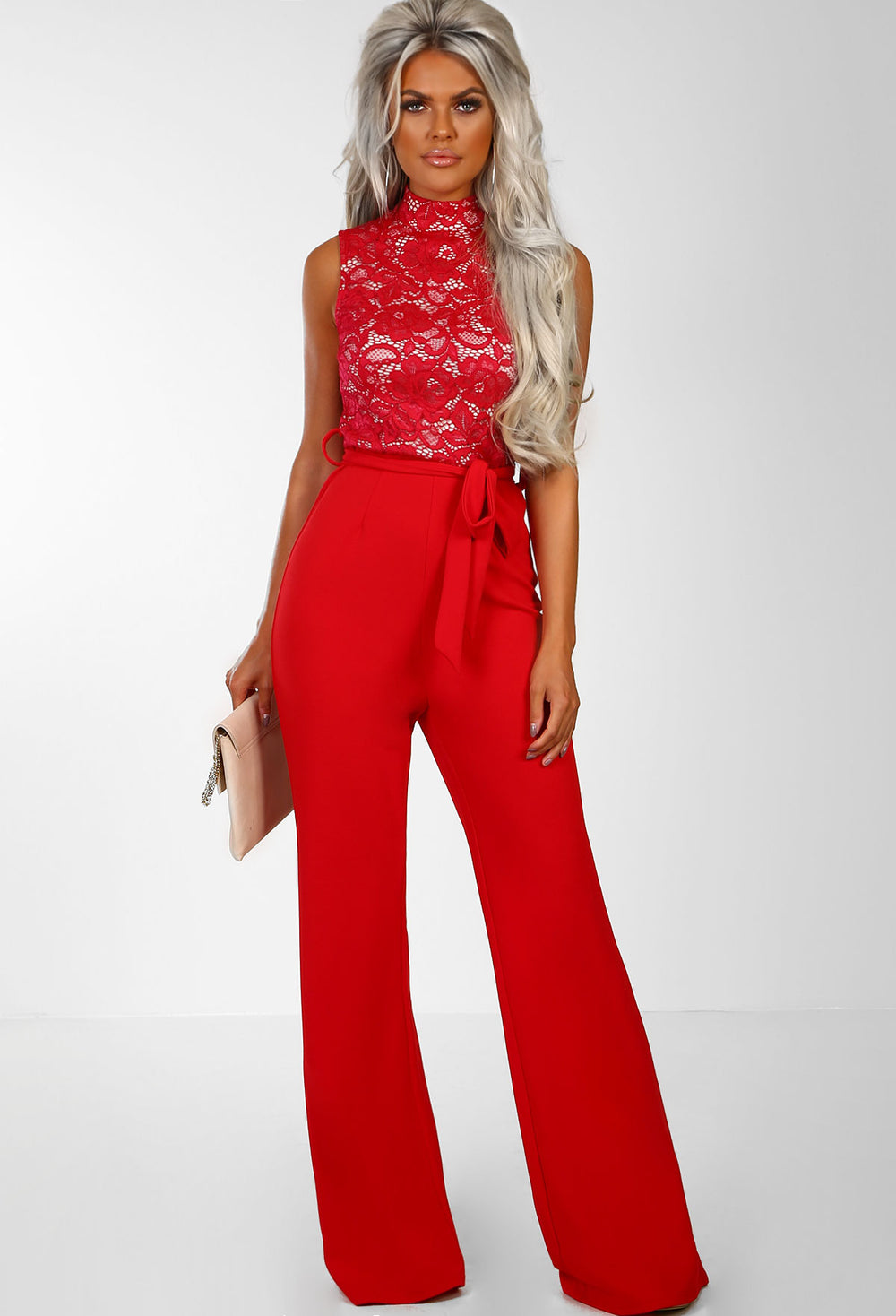 Bronx Beauty Red Lace Tie Waist Wide Leg Jumpsuit – Pink Boutique UK