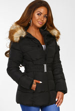 belted puffer coat with fur hood