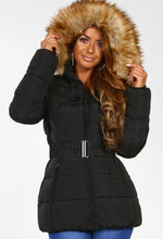 coat with belt and fur hood