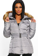 grey belted puffer coat