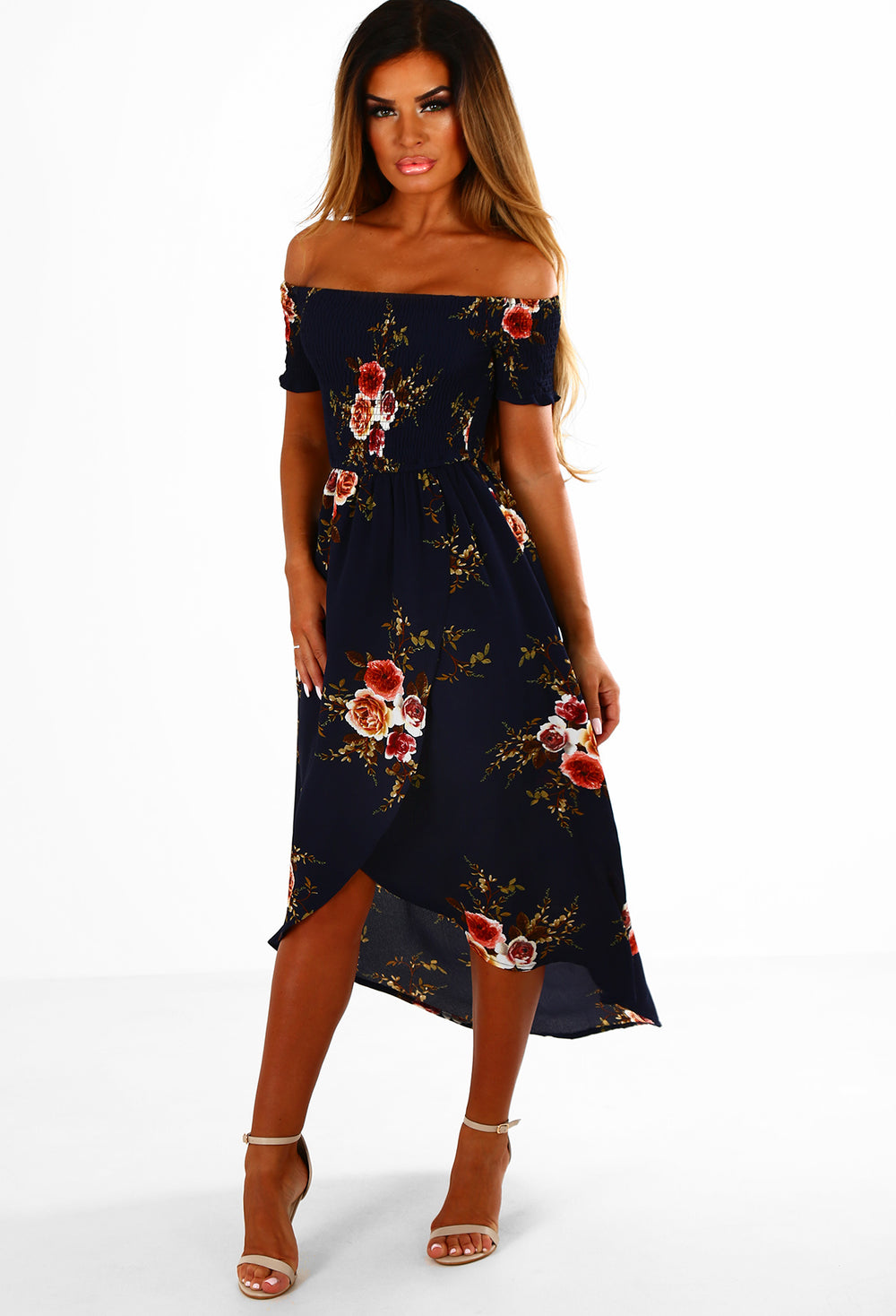 bardot dip hem midi dress