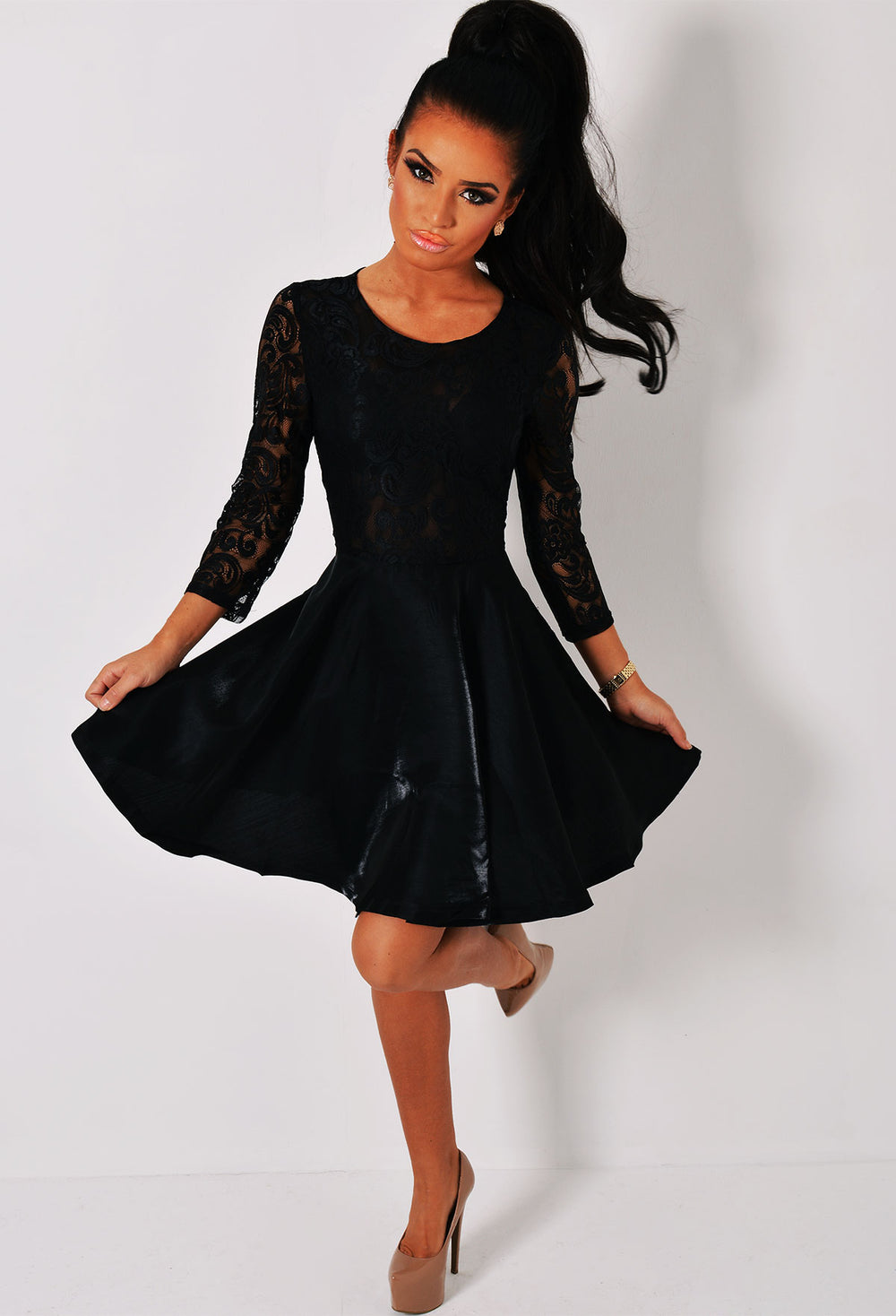black lace skater dress long sleeve