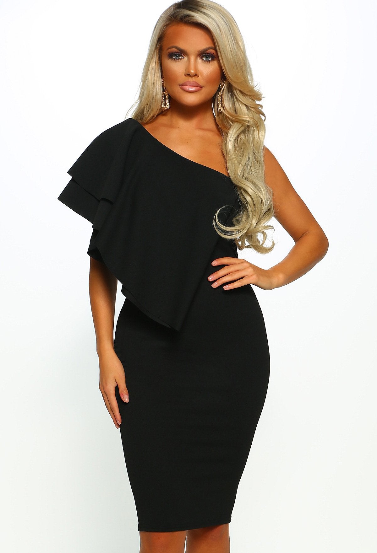 Fancy Frills Black One Shoulder Frill Detail Midi Dress – Pink Boutique UK