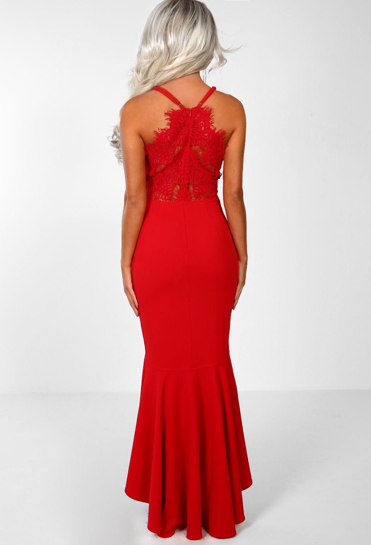 Glam Squad Red Lace Fishtail Maxi Dress