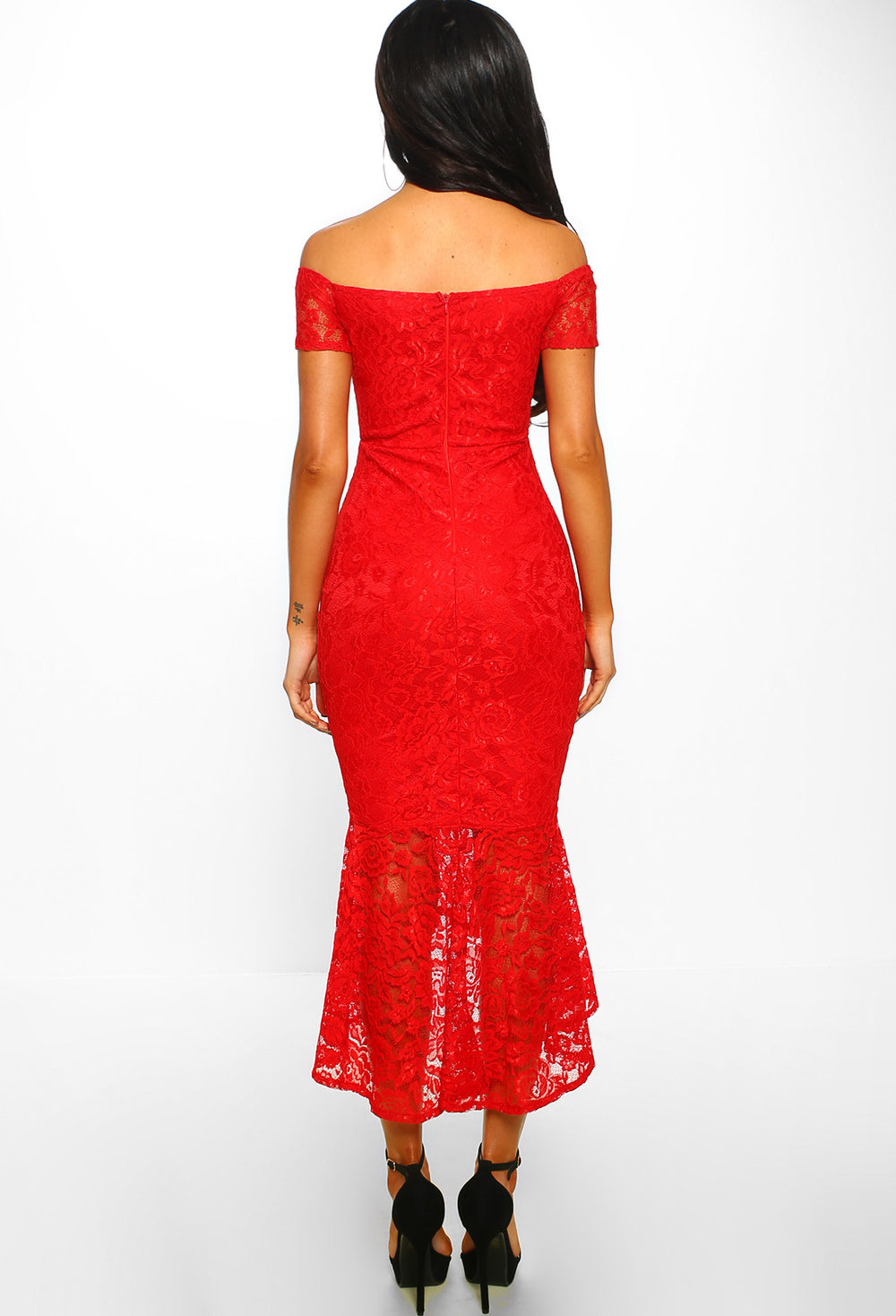 red bardot fishtail midi dress