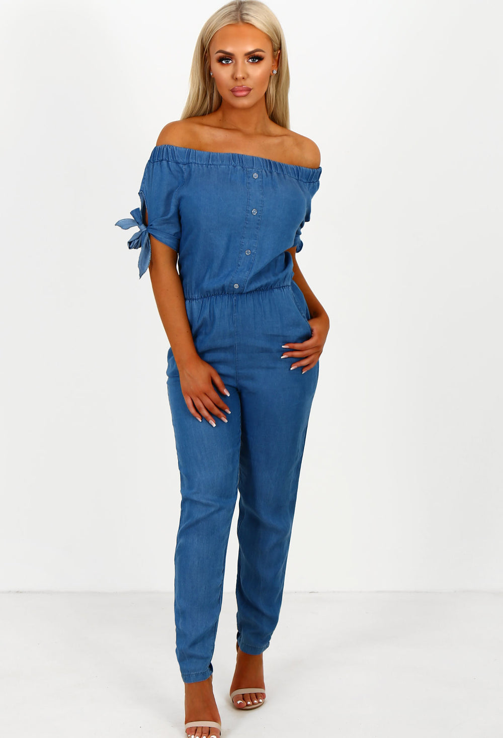 denim jumpsuit bardot