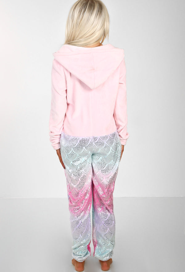 Mermaid For Life Pink Multi Fleece Mermaid Hooded Onesie ...