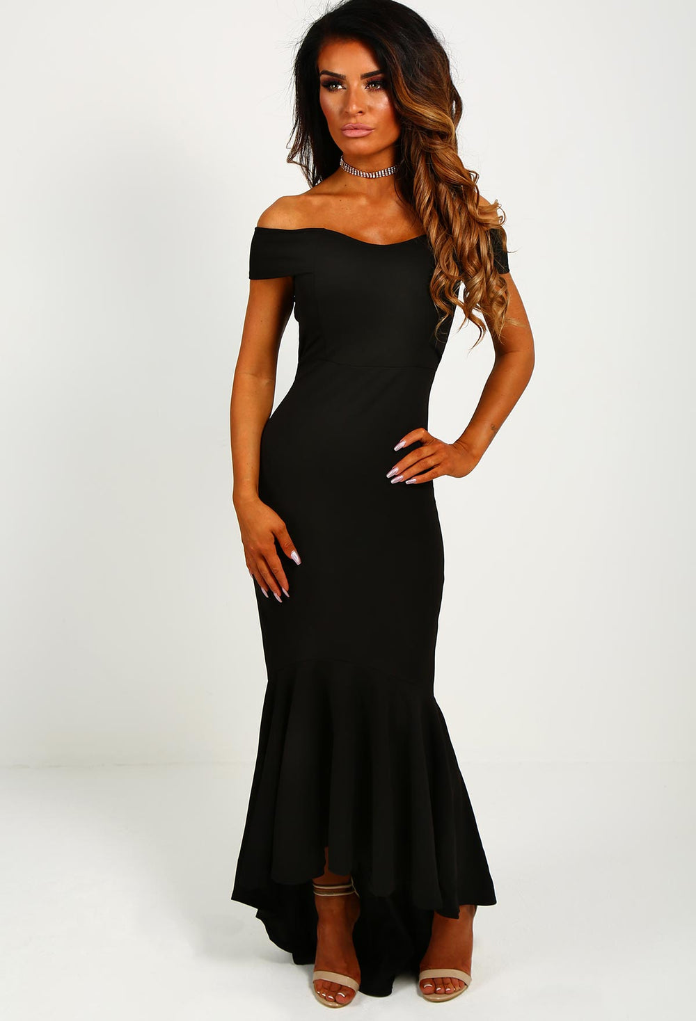 black bardot evening dress