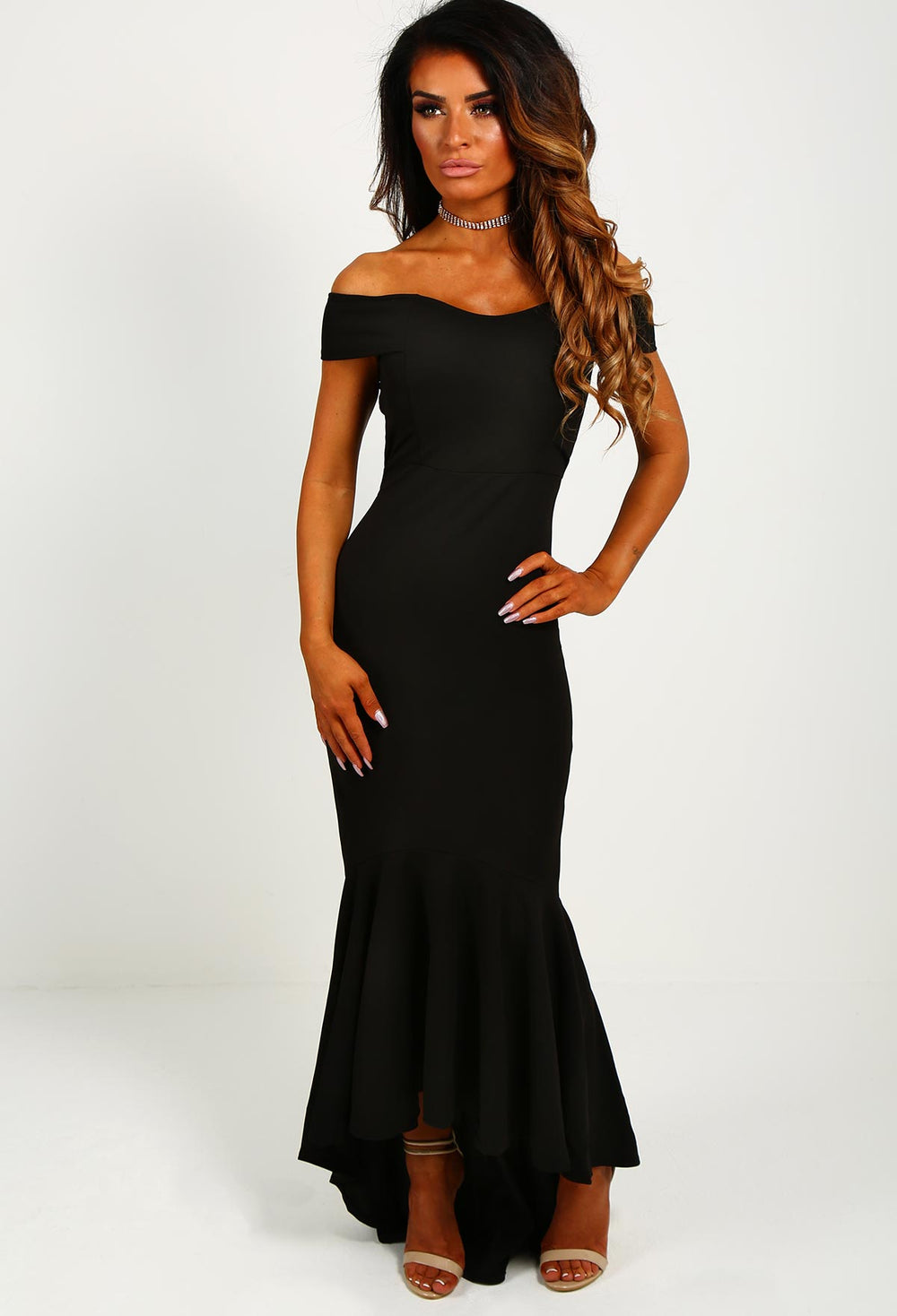 black bardot maxi evening dress