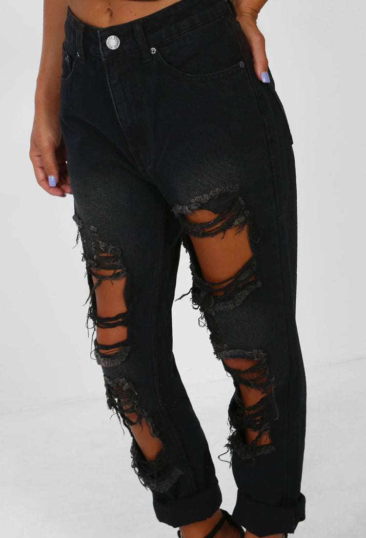 Naughty At Night Black Distressed Ripped Mom Jeans – Pink Boutique UK
