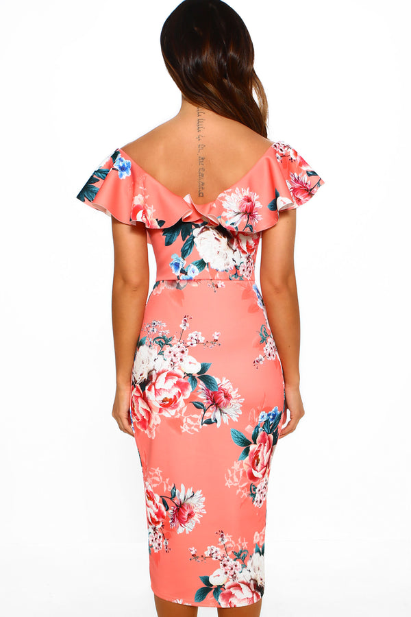 No More Promises Coral Floral Wrap Hem Midi Dress – Pink Boutique UK