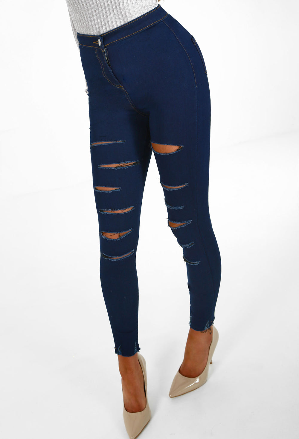 Rebirth Navy Ripped High Waisted Skinny Jeans Pink Boutique Uk