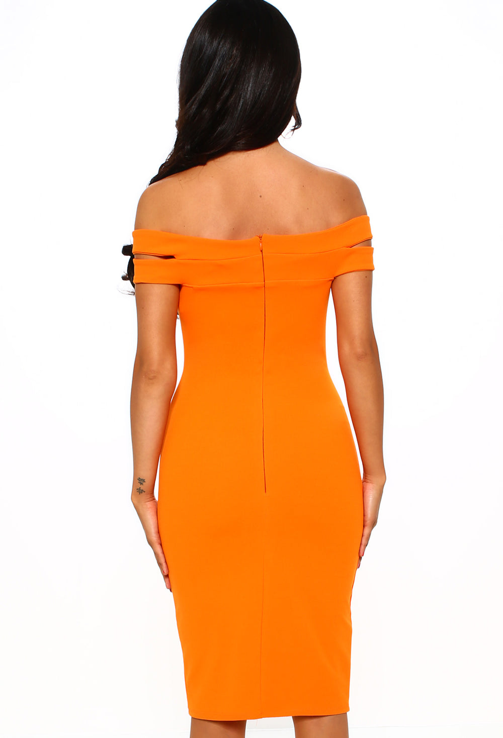 orange bardot bodycon dress