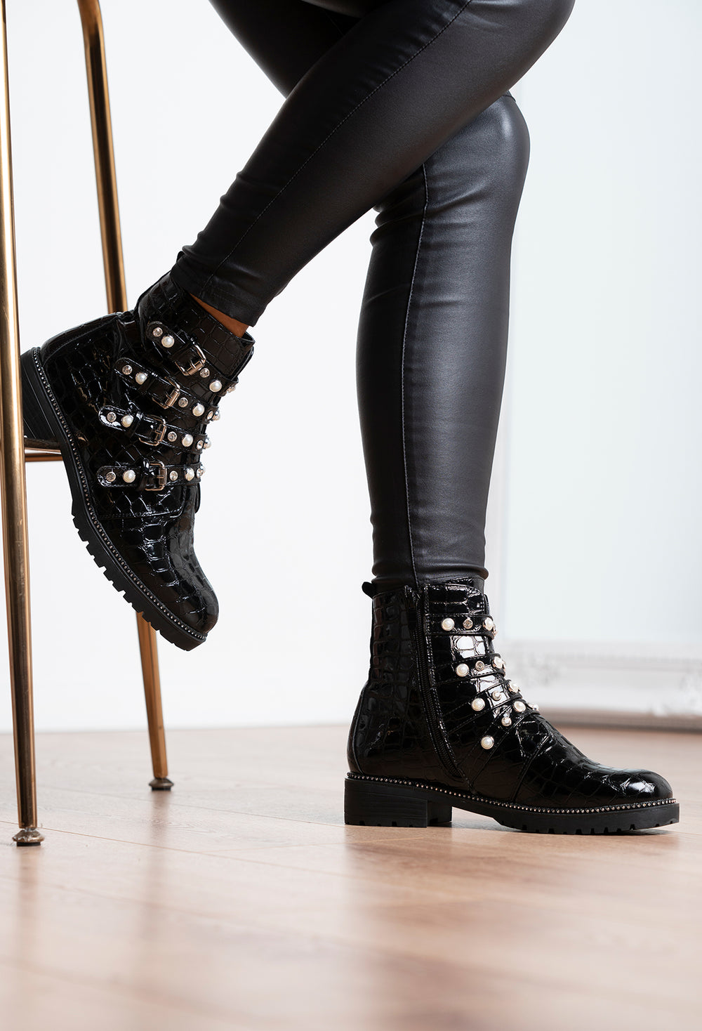 biker boots with pearls