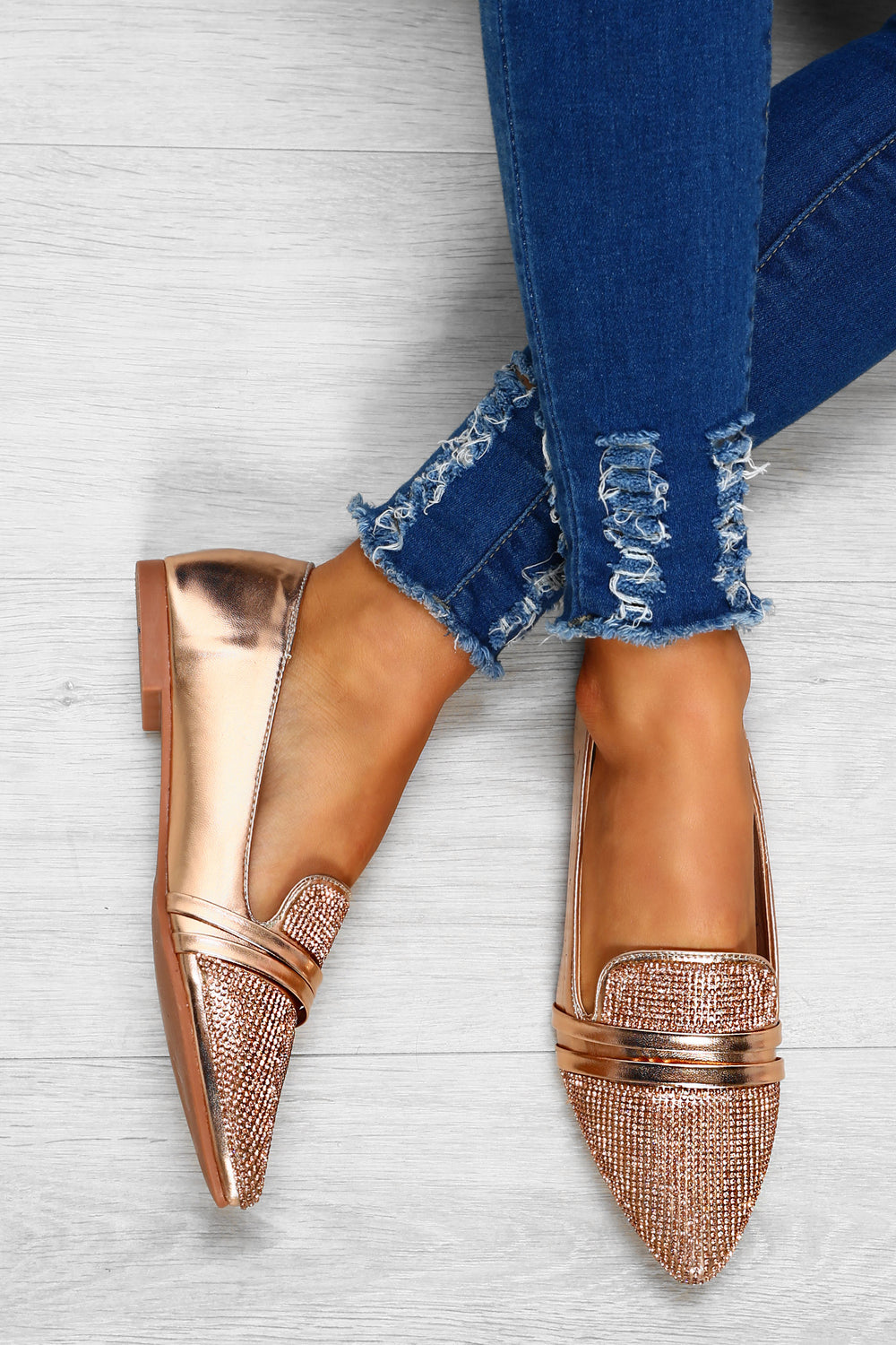 gold pointed flat shoes