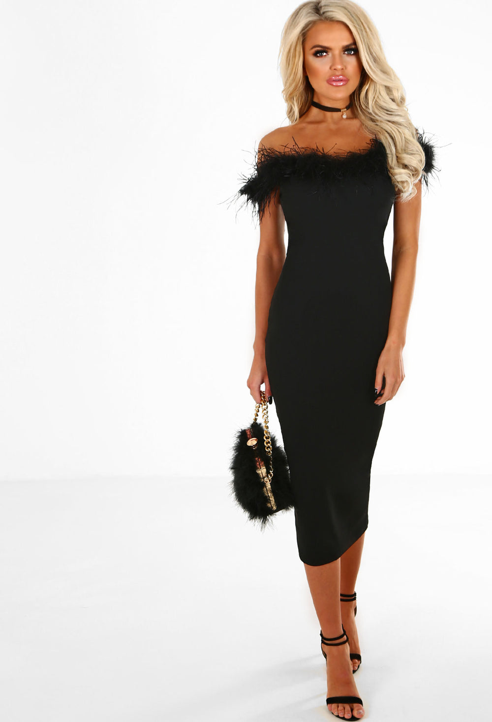 black feather midi dress