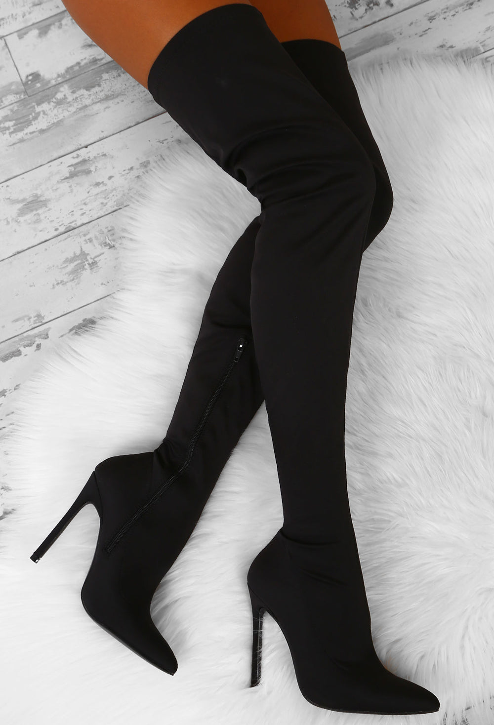 black lycra over the knee boots