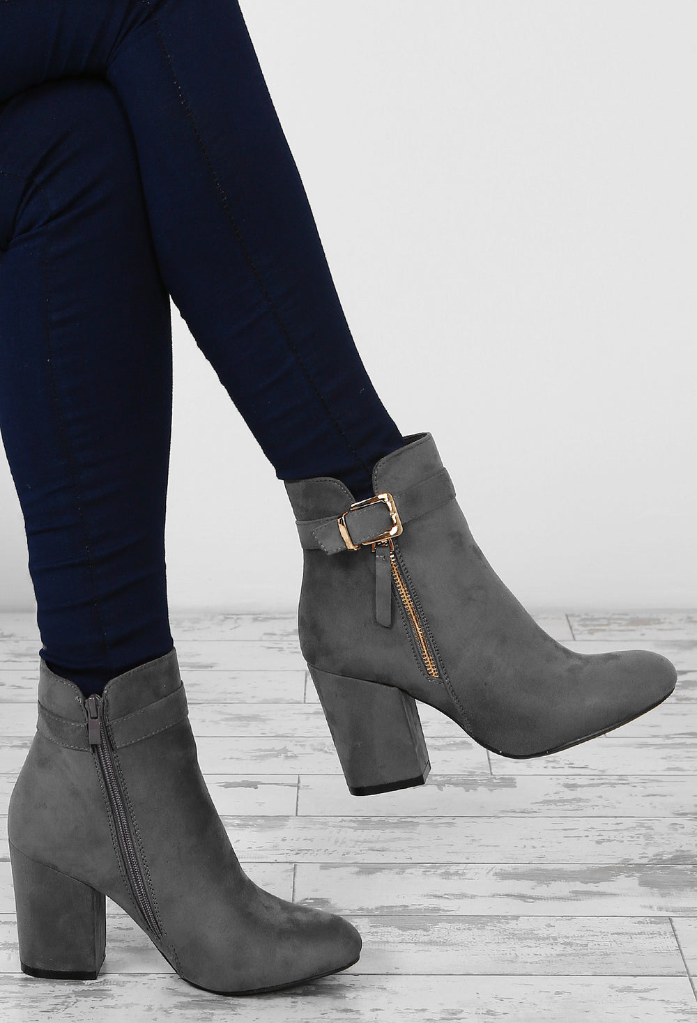 grey block heel ankle boots
