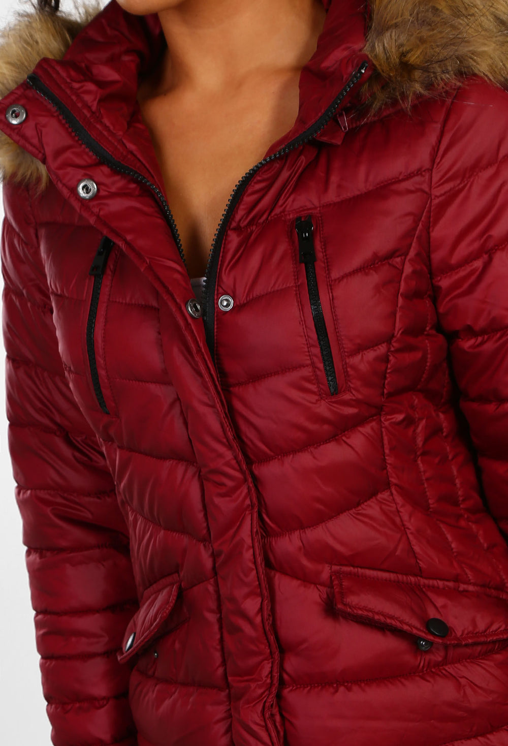 burgundy winter coat with fur hood