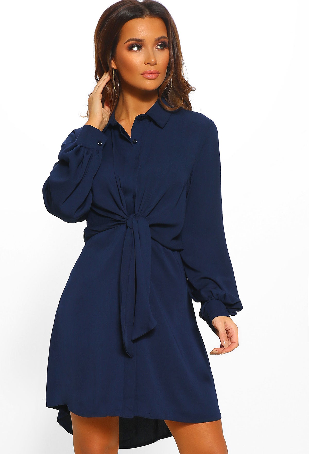 Wrong Reasons Navy Tie Front Long  Sleeve  Shirt  Dress  