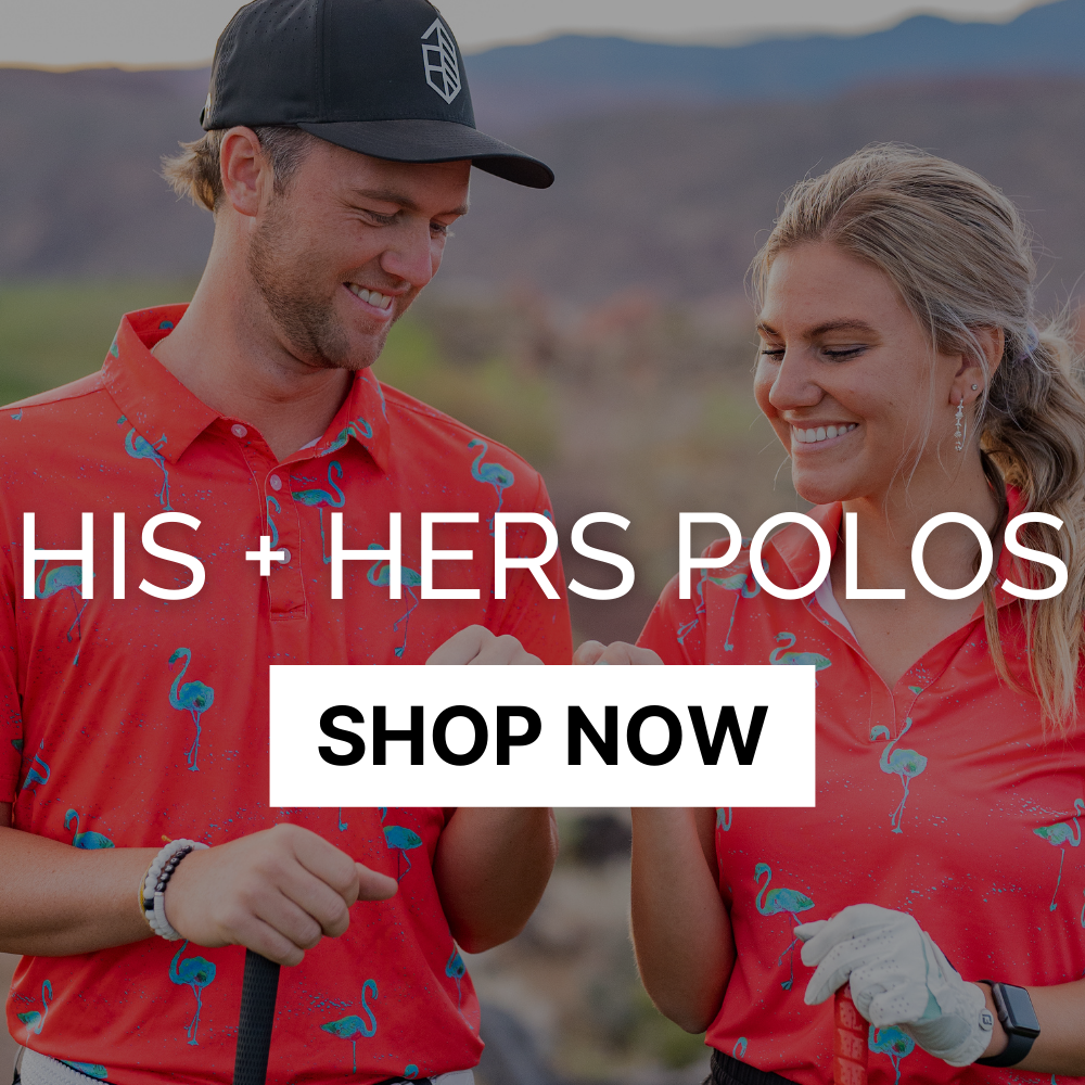 Shop His+Hers Golf Polos Button With Man & Woman Wearing Flamingo Golf Polos In Background