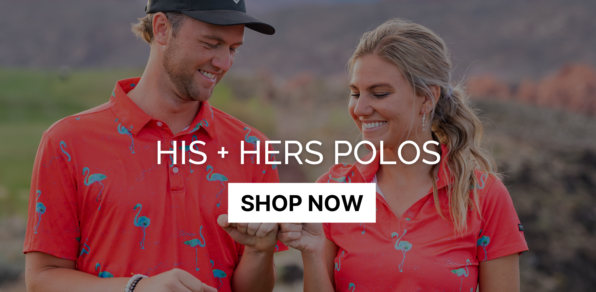Shop His+Hers Golf Polos Button With Man & Woman Wearing Flamingo Golf Polos In Background