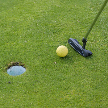 Putter and golf ball near hole