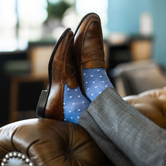 A Red Men's Dress Sock with Peach Micro-Squares