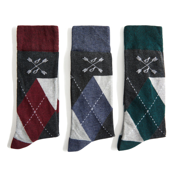 red, blue, and green argyle socks