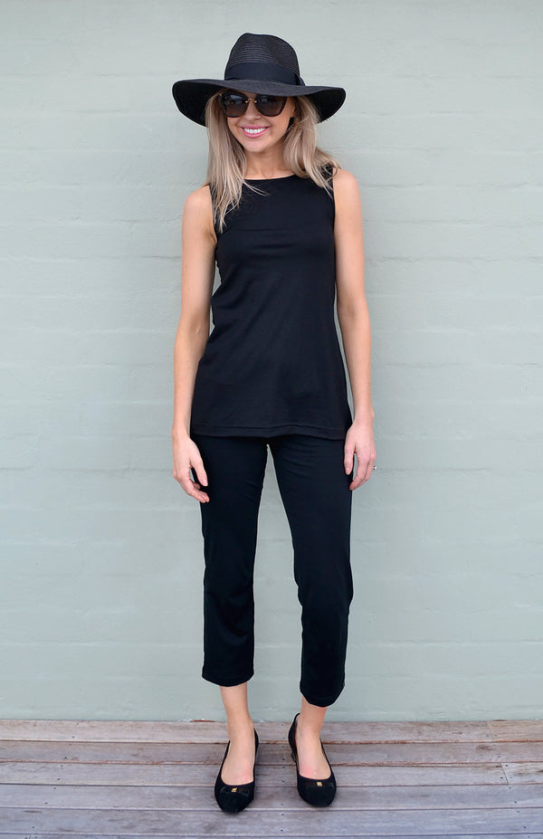 Holly wearing capri top in black