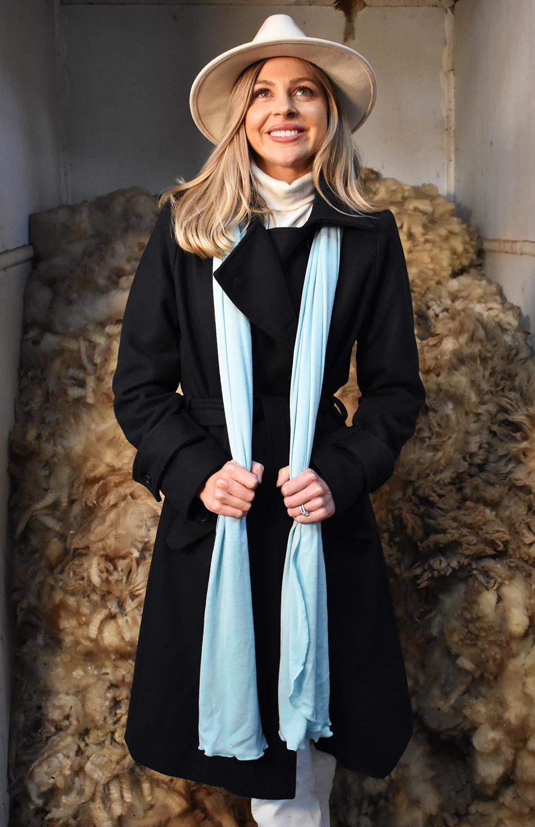 Our model wearing Women's Merino Wool and Cashmere Trench Coat