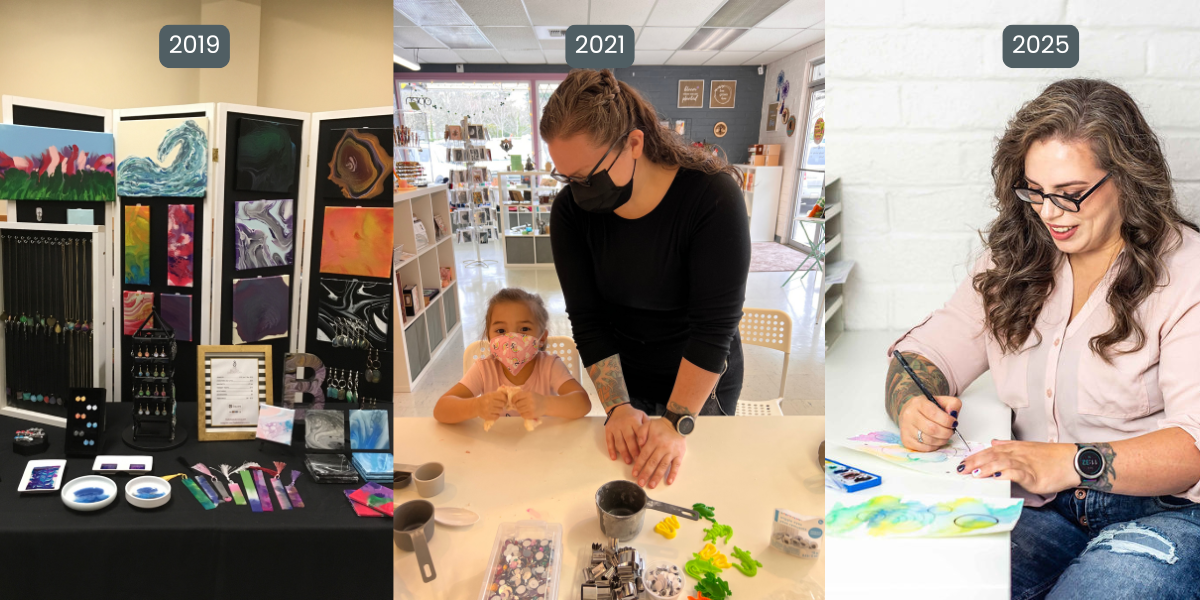 three images side by side with 2019, 2021, and 2025 written on them. First image is a black table with art at a vending show. The second image is Meredith teaching a class to a small child in a retail space. The third image is Meredith at a desk doing water colors.