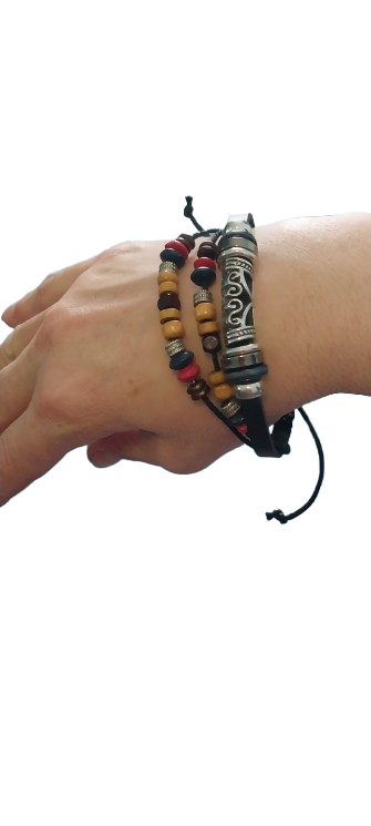 Adjustable Handmade Leather 3 Strand Bracelet with Wood & Metal Beads/Charms-BAFF-19