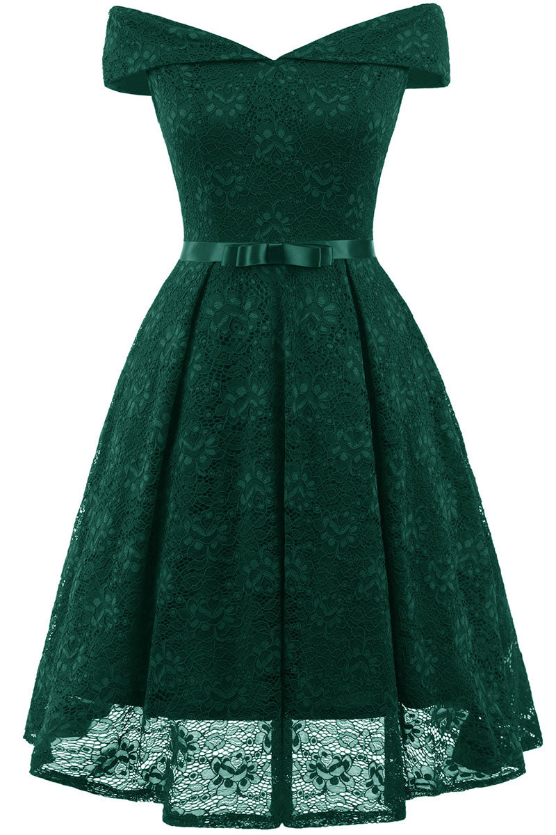 green lace off the shoulder dress