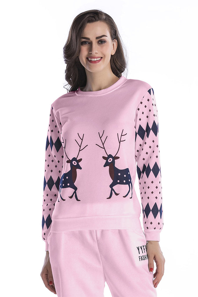 Rosa Sika Deer Print Langarm-Sweatshirt - Mislish
