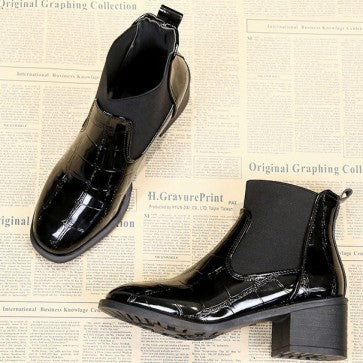 patent leather chunky heel boots