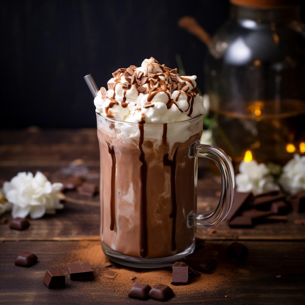 A cup of iced hot chocolate with whipped cream and toppings