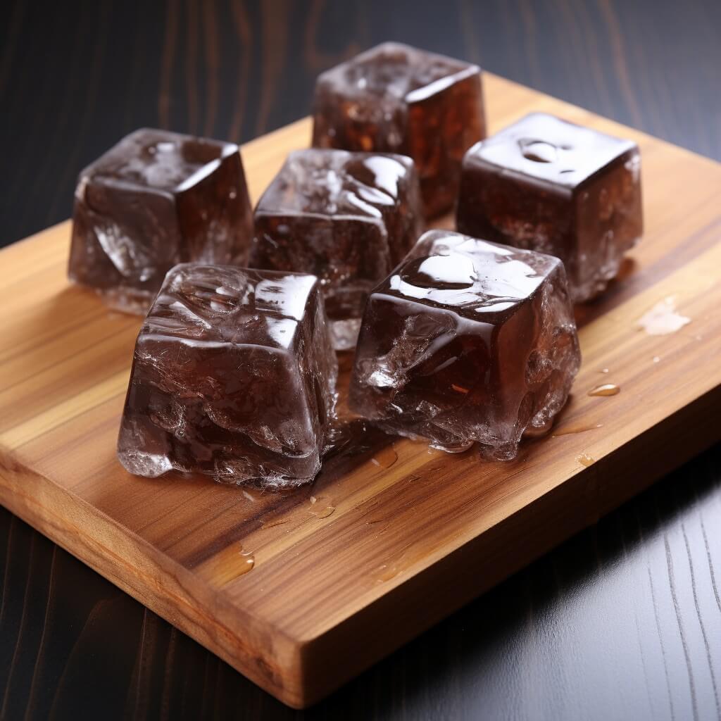 Frozen hot chocolate ice cubes on a wooden board