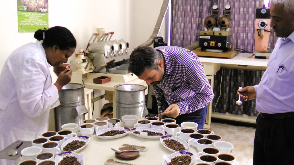 Kirk cupping on-site at a coffee farm.