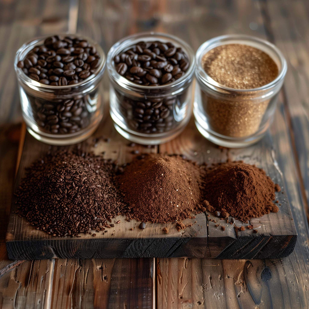 Close-up of coffee beans, ground coffee, and coffee powder on a wooden cutting board