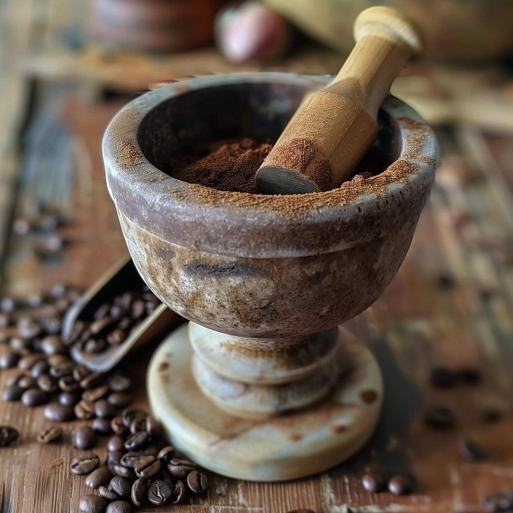 Wooden mortar and pestle filled with coffee beans on a wooden table