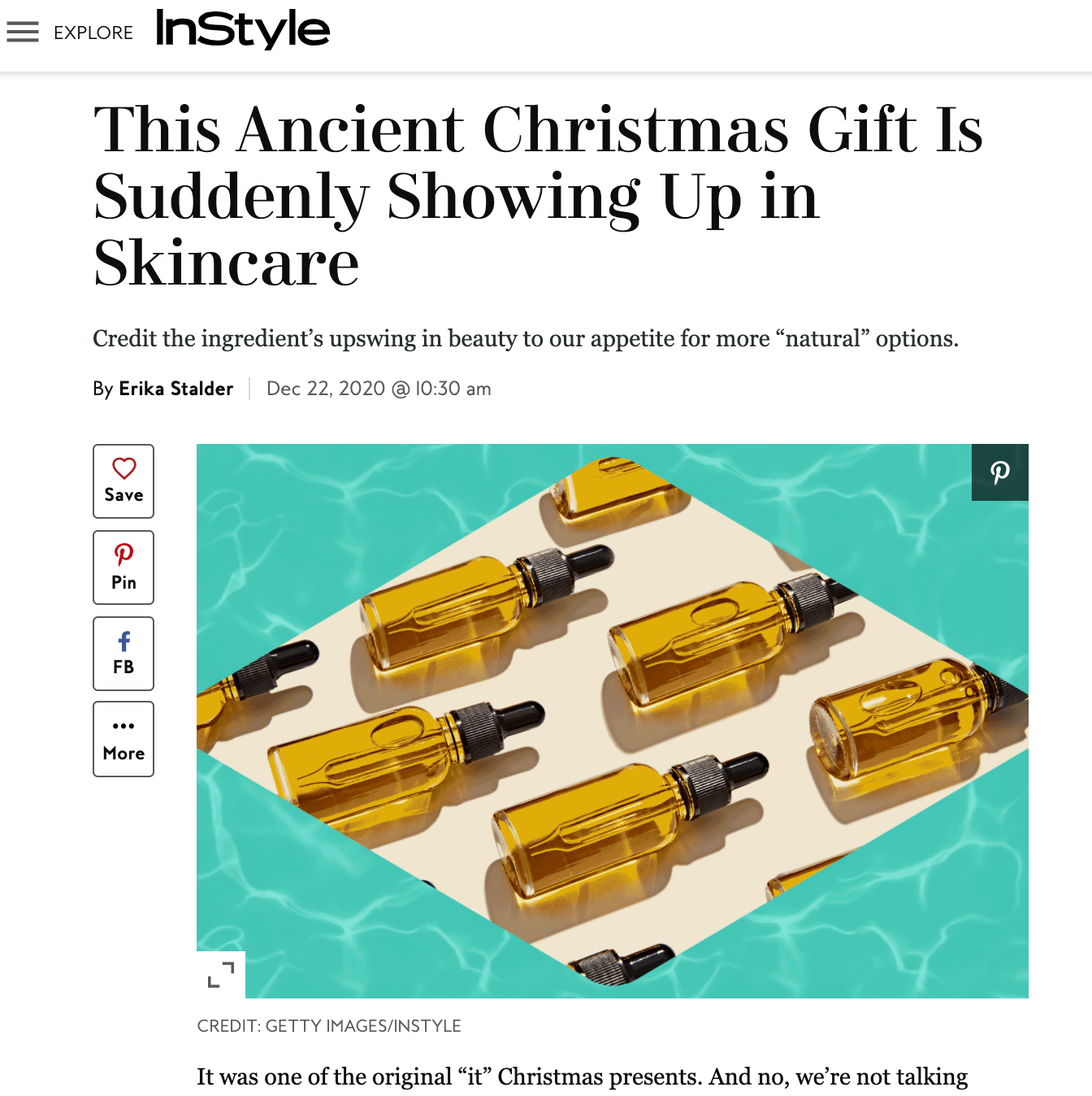 instyle, frankincense in skincare, a once ancient Christmas gift, featuring Li Organics Liquid Amber. Article by Erika Stalder. Skin transforming and  anti aging 