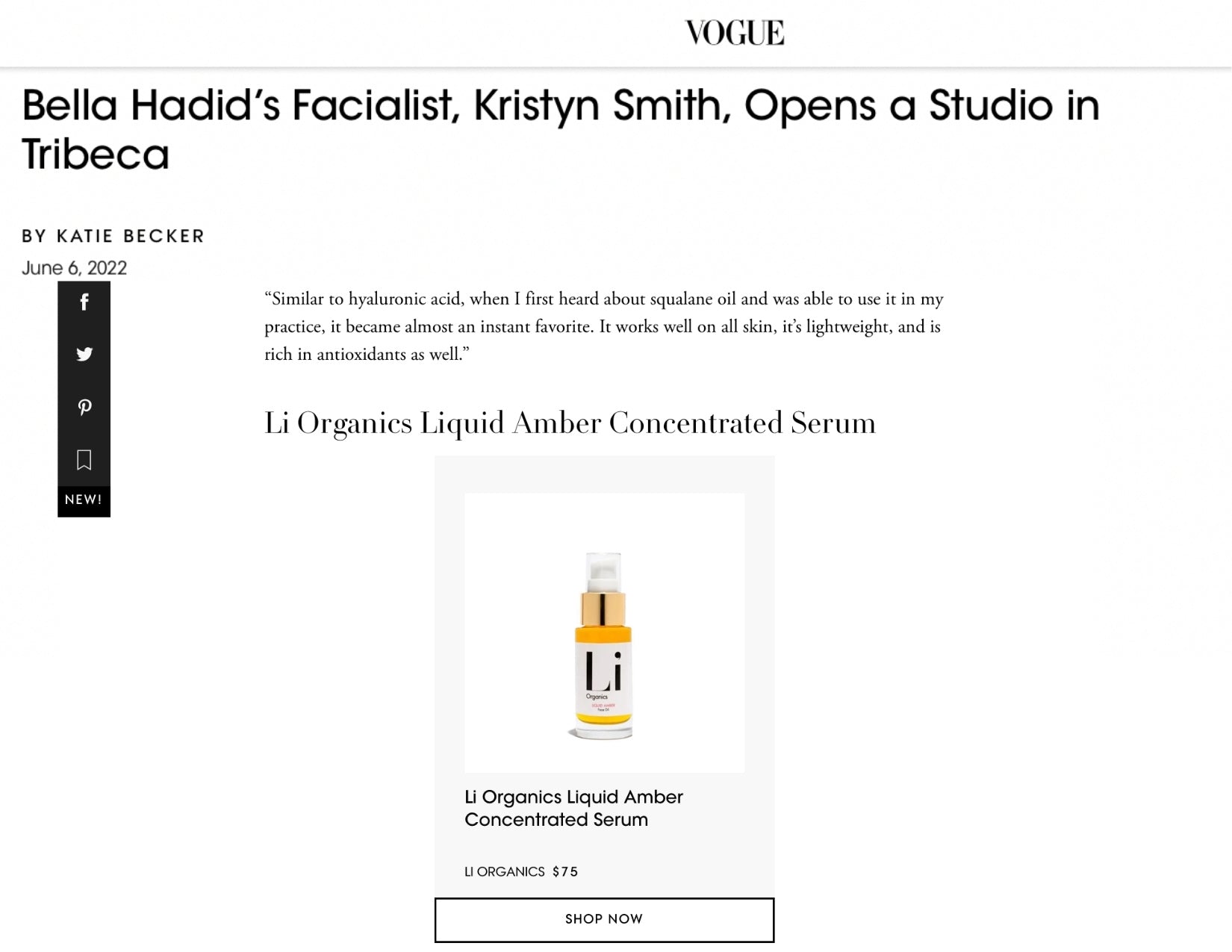 Bella Hadid's skincare routine, Recommended by Bella Hadid, What does Bella Hadid use for her skin, Kristyn Smith facials recommended products, Li Organics and Bella Hadid, Liquid Amber Serum, Kristyn Smith's favorite and top recommended products.