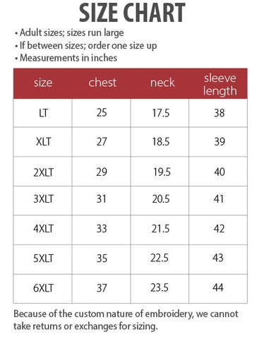 Mens TriMountain Tall Size Chart