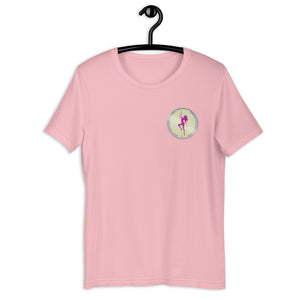 Pink Short Sleeve T-Shirt with silver Stripper Coin logo design on left front breast