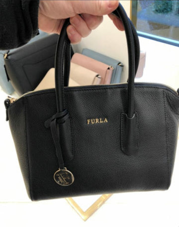 Furla Tessa Small Saffiano All Leather Black Satchel.