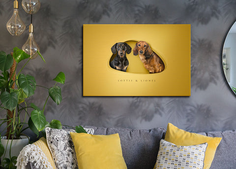 colourful dog picture with 2 dachshunds on a canvas print hanging on living room wall