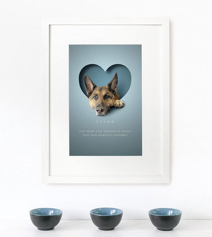 memorial framed dog picture of a german shepherd in a heart shape